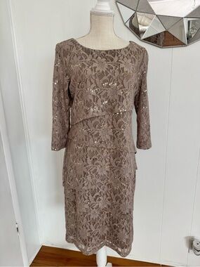 Ronni Nicole Taupe Lace Tiered Sequin Sheath Dress
